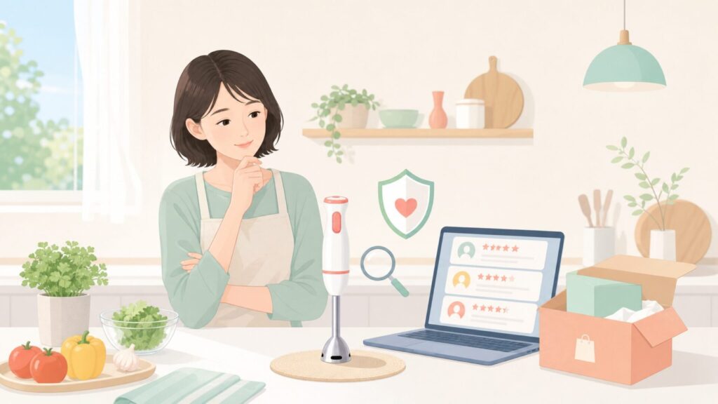 ハンドブレンダーの口コミを調べる女性