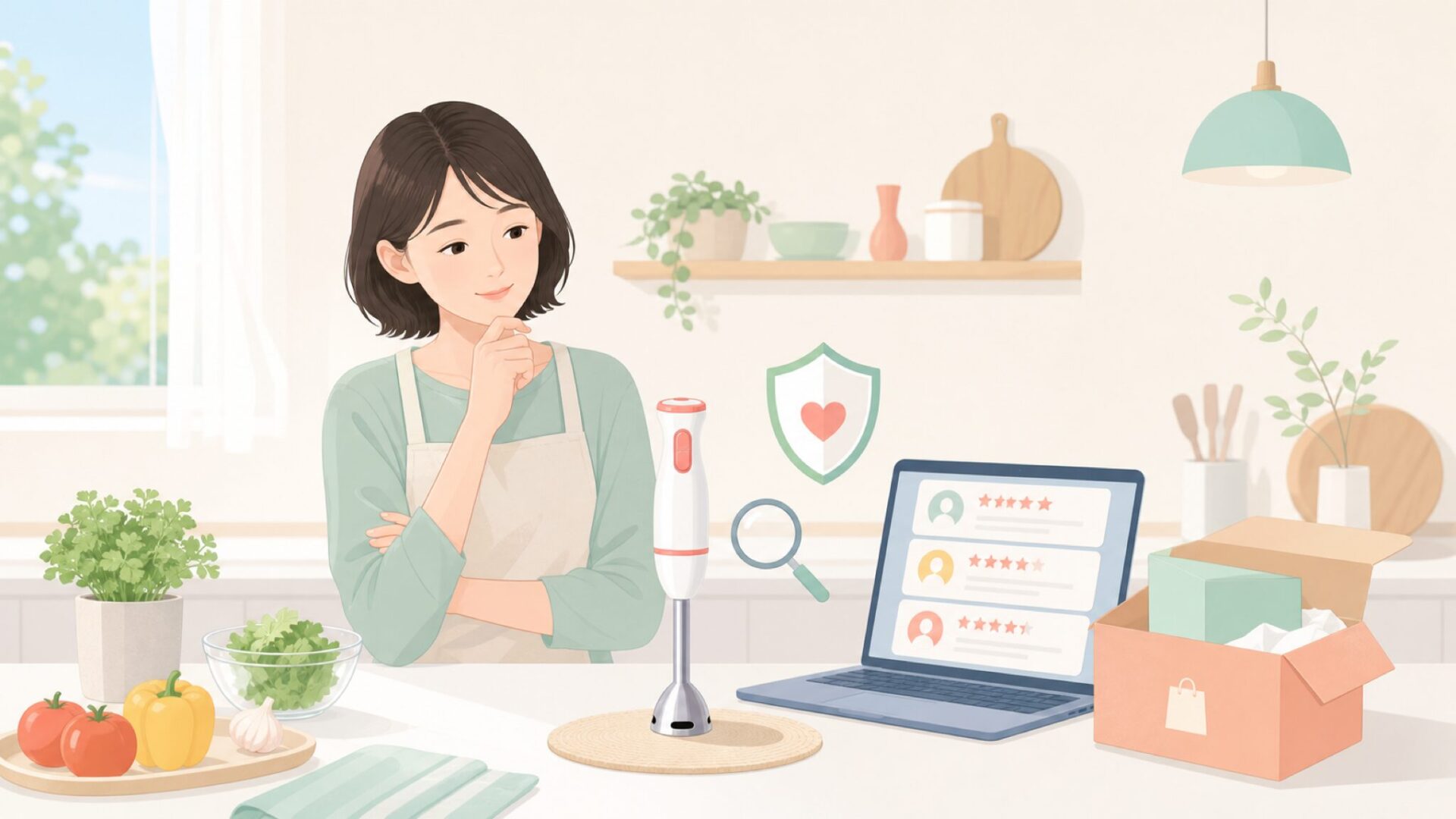 ハンドブレンダーの口コミを調べる女性