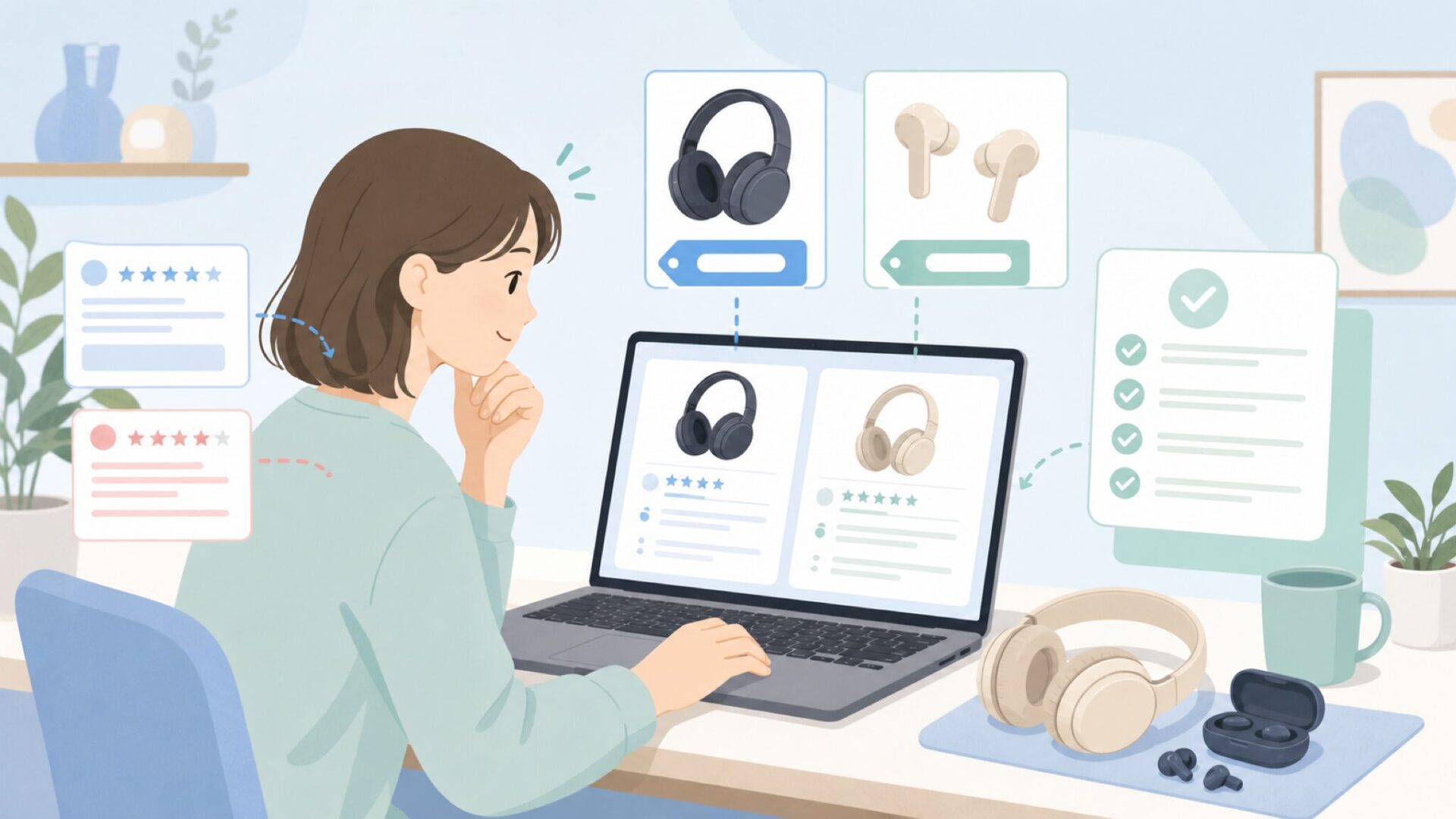 Bautyleeの評判を慎重に確認する購入者のイラスト