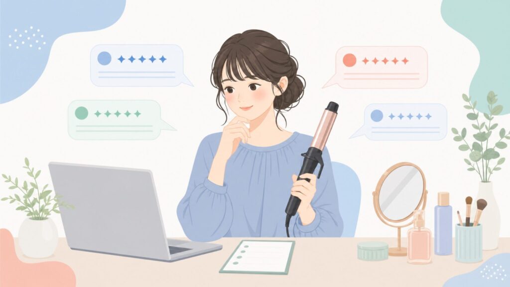 口コミを確認してヘアアイロンを選ぶ女性