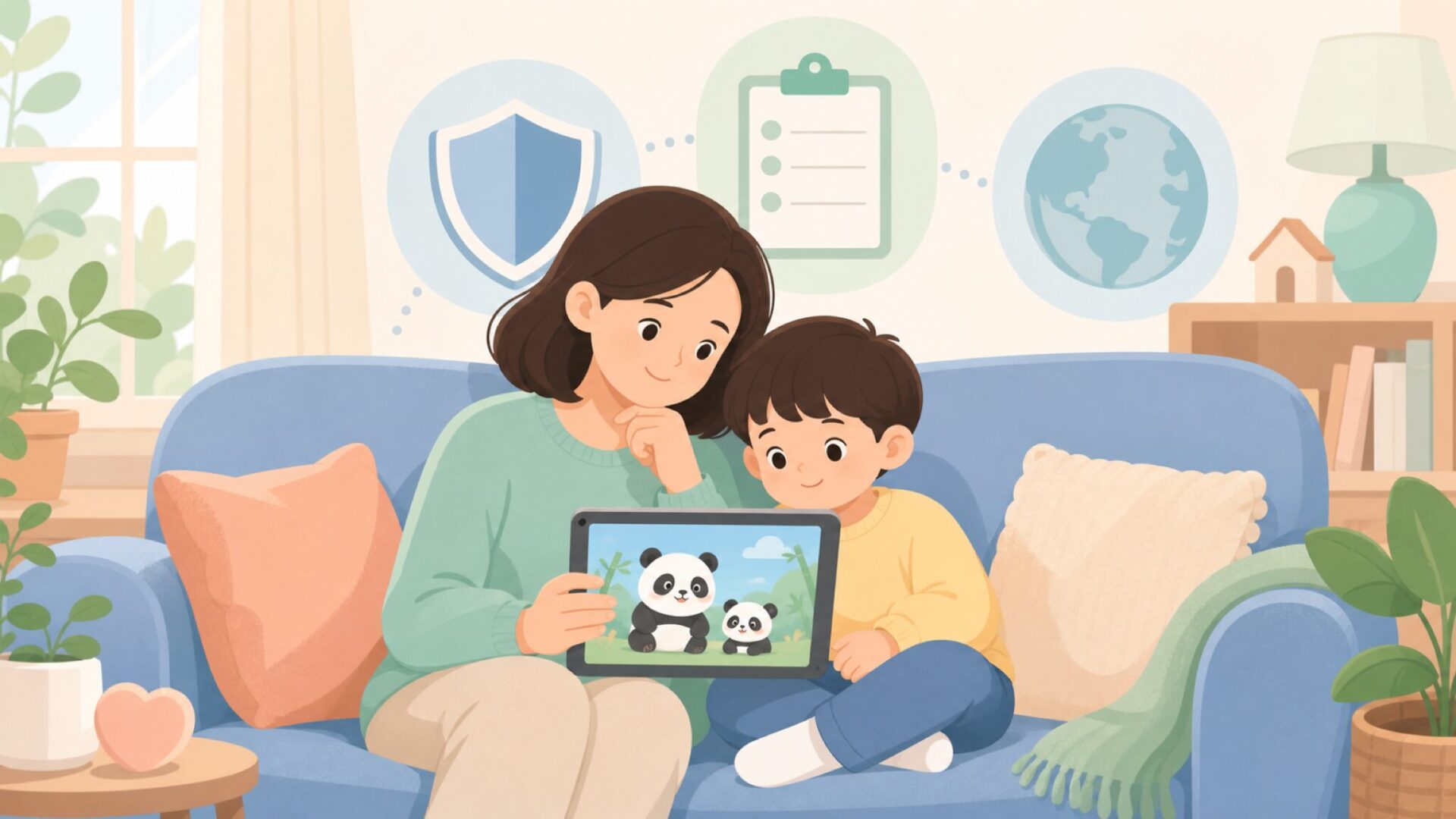 親子が動画の安全性を確認するイラスト