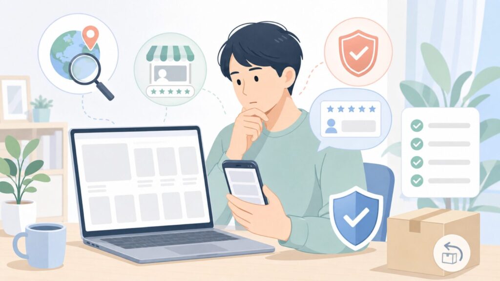 通販前に販売元や保証を確認する人のイラスト