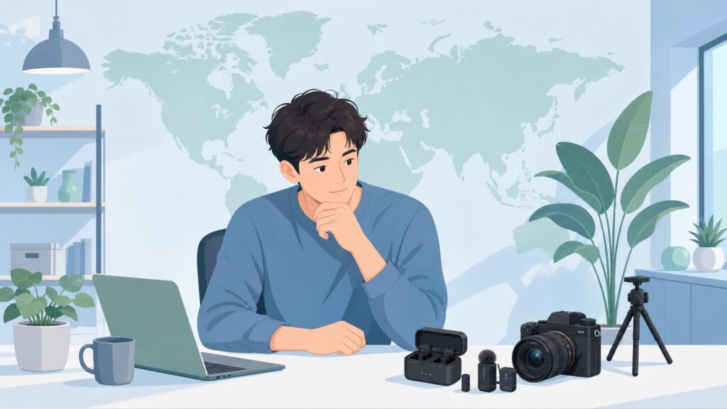 SmallRig Audioのワイヤレスマイクを手に取る動画クリエイターと世界地図のイラスト