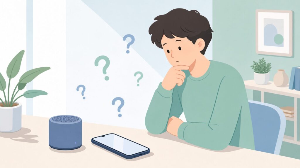 SmartDevil Audioのスピーカーとスマートフォンを並べた、ブランド調査を示すフラットイラスト