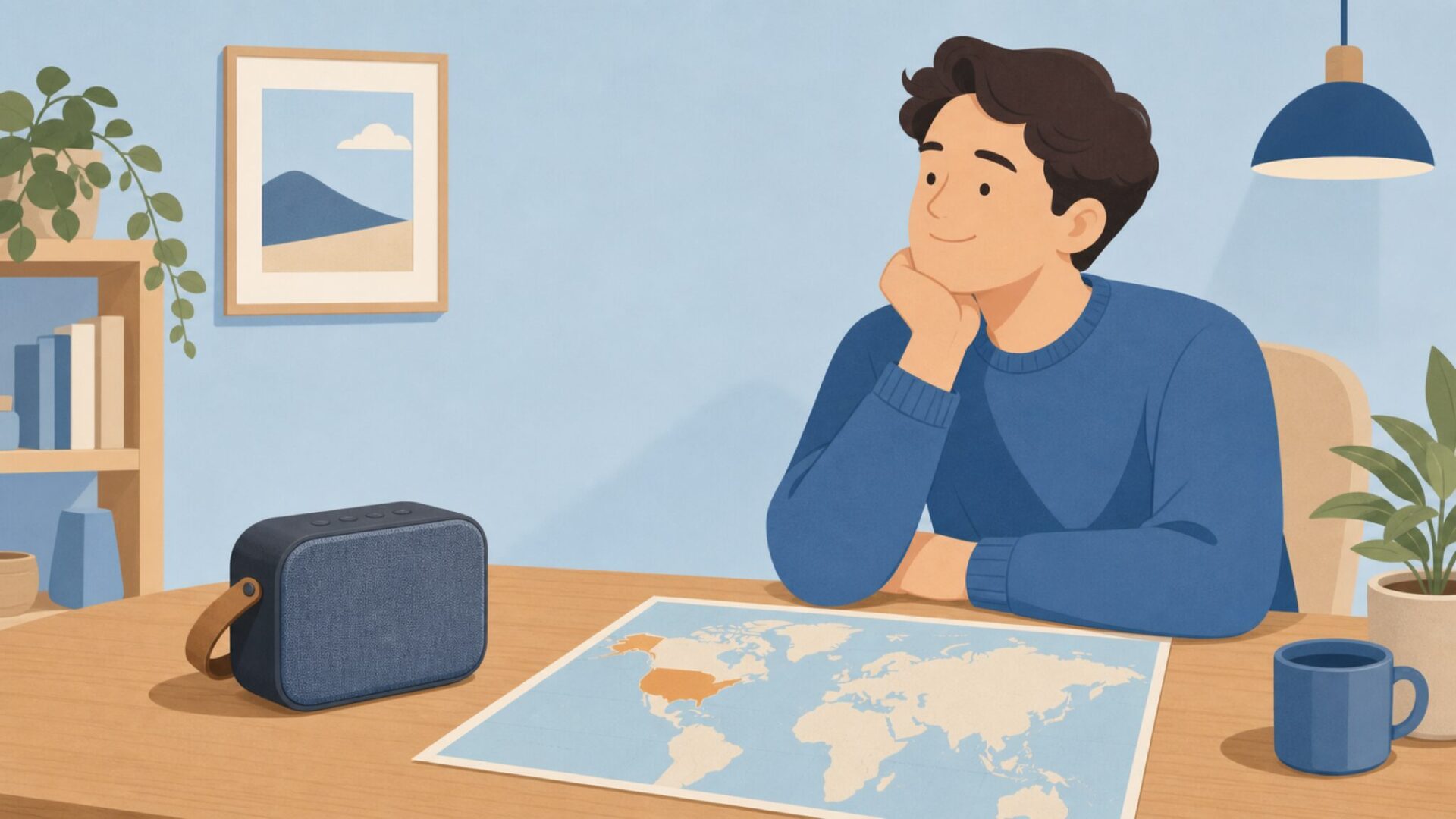 アメリカ製Bluetoothスピーカーと世界地図を前に満足そうな男性のフラットイラスト