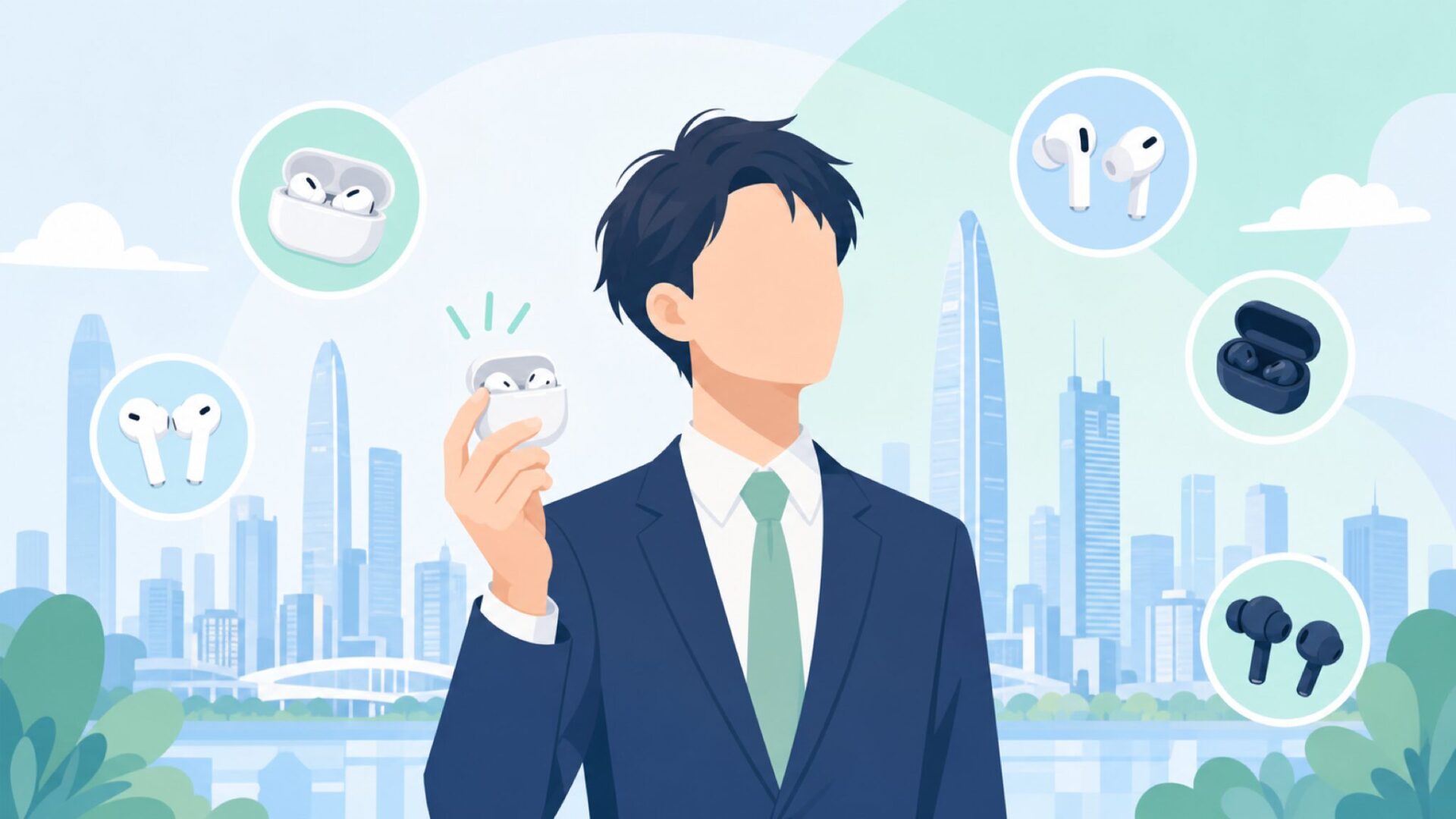 SoundSOULの中国製イヤホンを手に取り安心する男性のイラスト