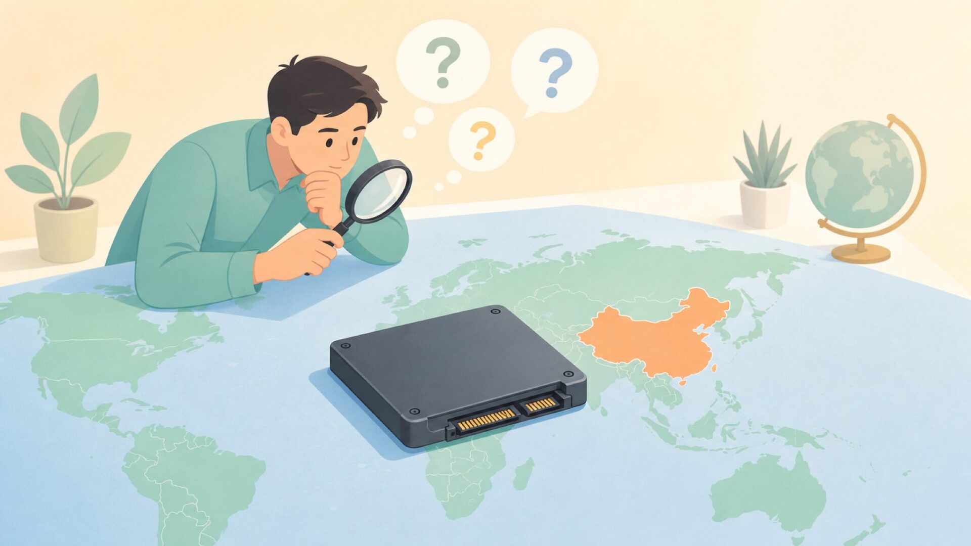 EdilocaのSSDがどこの国のメーカーかを示す世界地図と人物のフラットイラスト