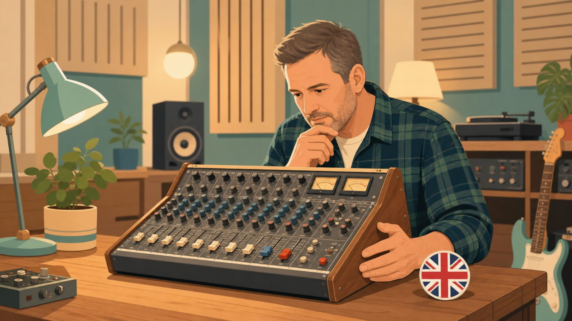 イギリス製ミキサーを調べる音楽愛好家のイラスト