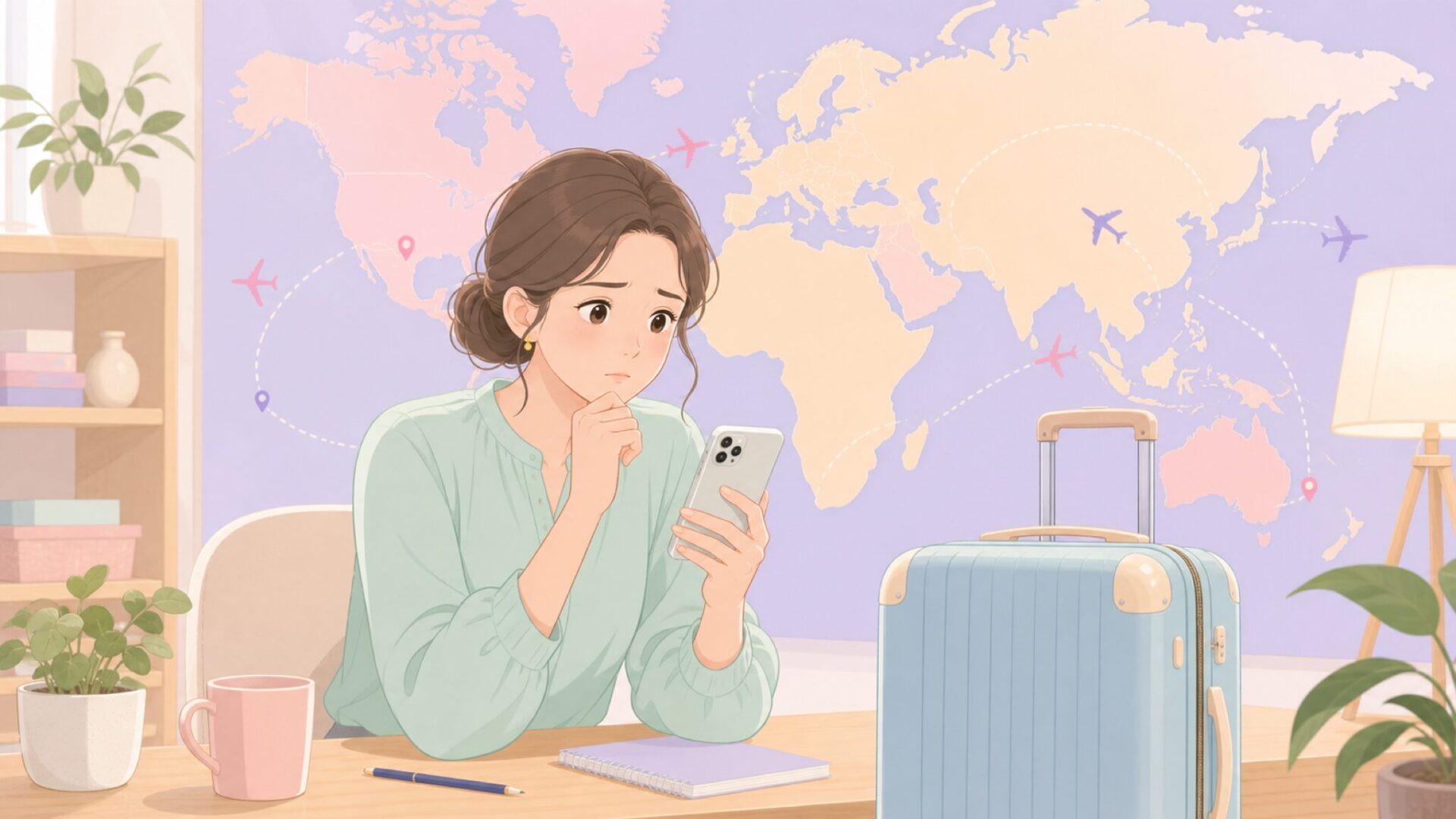 スーツケースと世界地図を背景に、女性がスマホでブランドを調べているイラスト