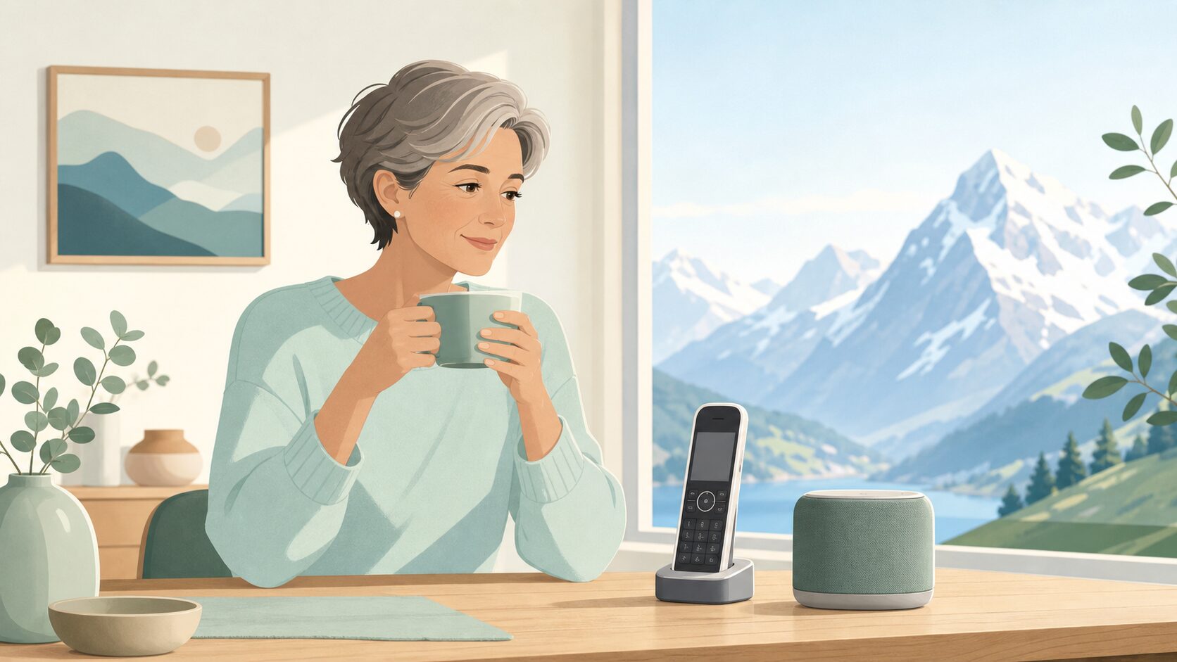 Swissvoice Audioのコードレス電話とBluetoothスピーカーを眺める女性とスイスアルプスの風景