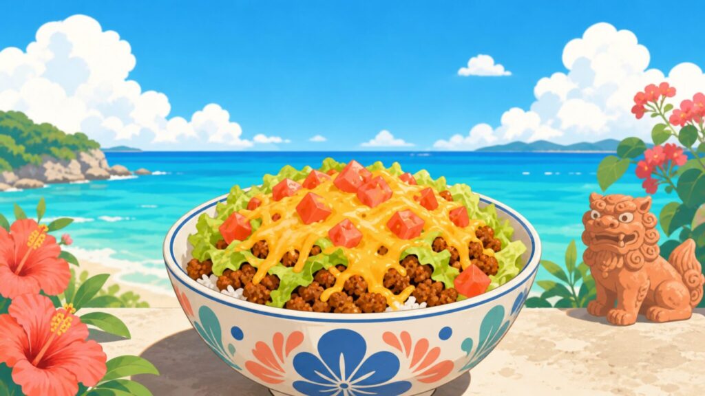 タコライスのカラフルな丼と沖縄の青い空・海のイラスト