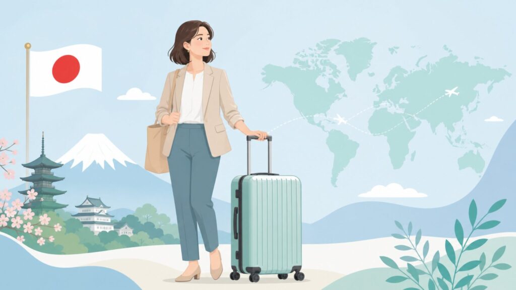 Tanobiスーツケースの発祥国と日本法人運営の安心感を表すイラスト