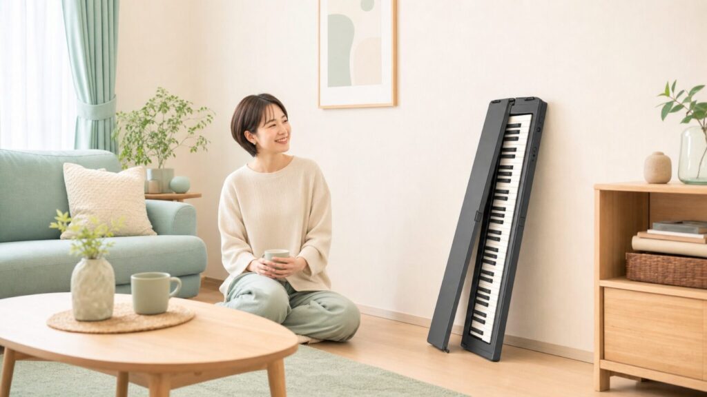 折りたたみ電子ピアノをコンパクトに収納した日本の部屋のイラスト
