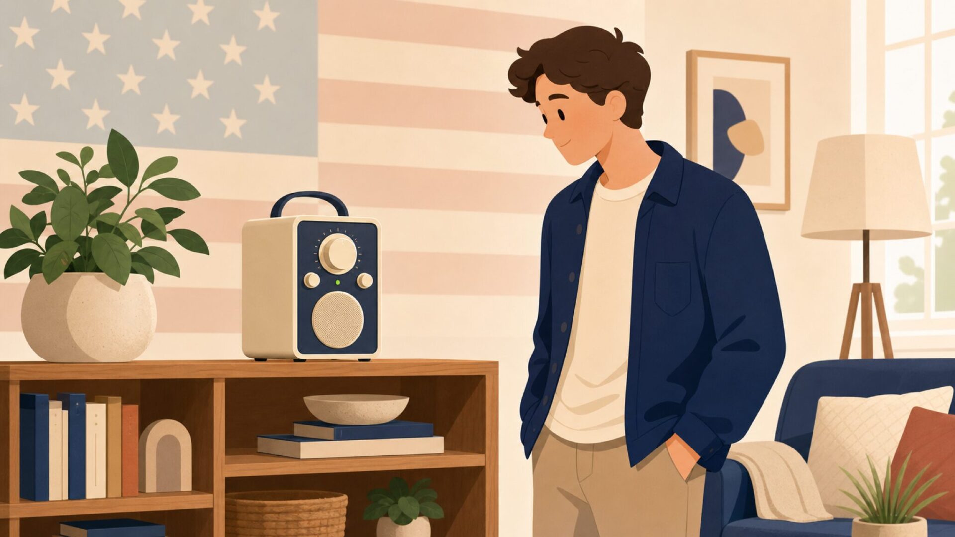 Tivoli Audio PALがおしゃれなリビングに置かれたアメリカブランドのイメージイラスト