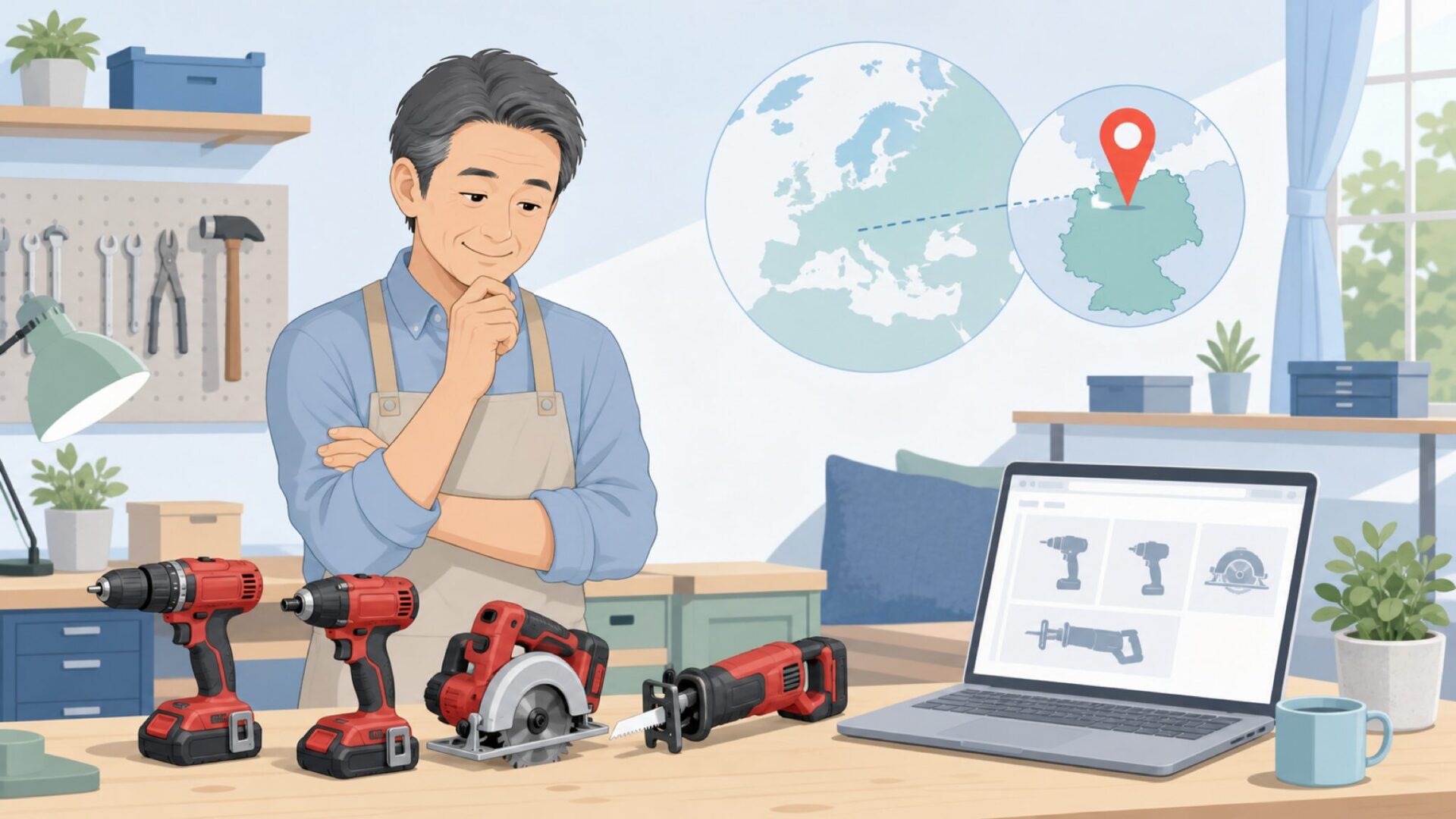 工具ブランドの国籍を確認する様子