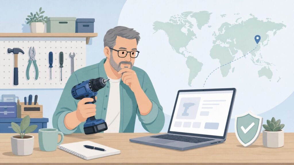 工具の国籍と購入判断を調べる男性