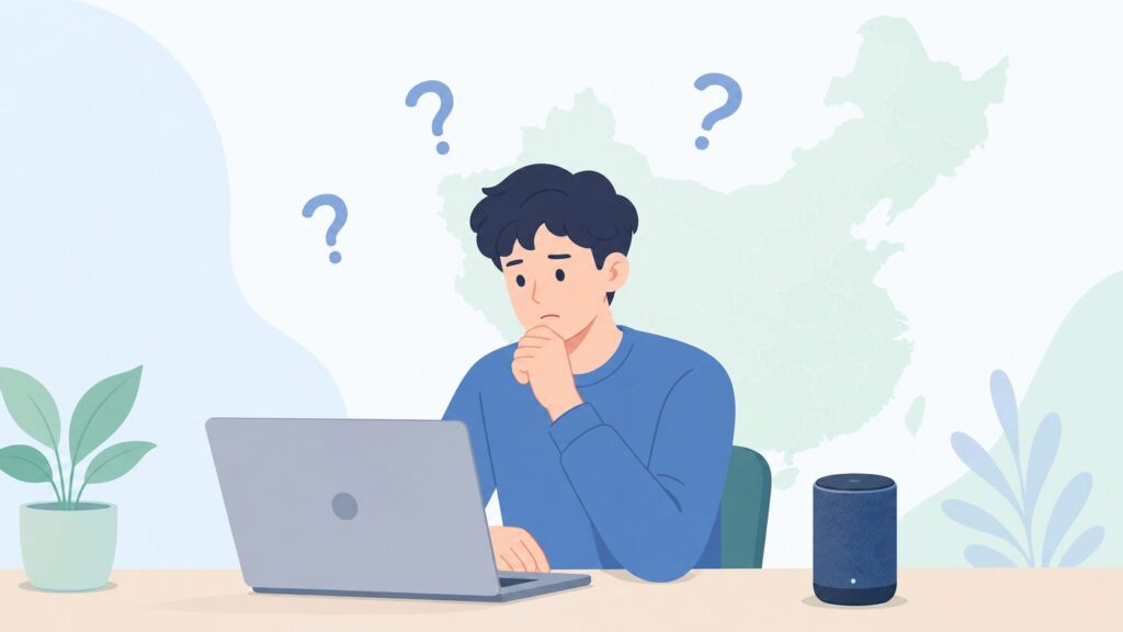Tronsmart Audioがどこの国のメーカーか気になってノートパソコンで調べる30代男性とBluetoothスピーカーのフラットイラスト