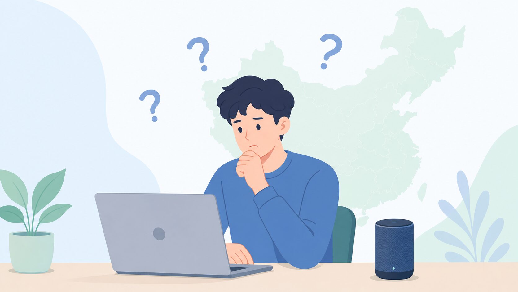 Tronsmart Audioがどこの国のメーカーか気になってノートパソコンで調べる30代男性とBluetoothスピーカーのフラットイラスト