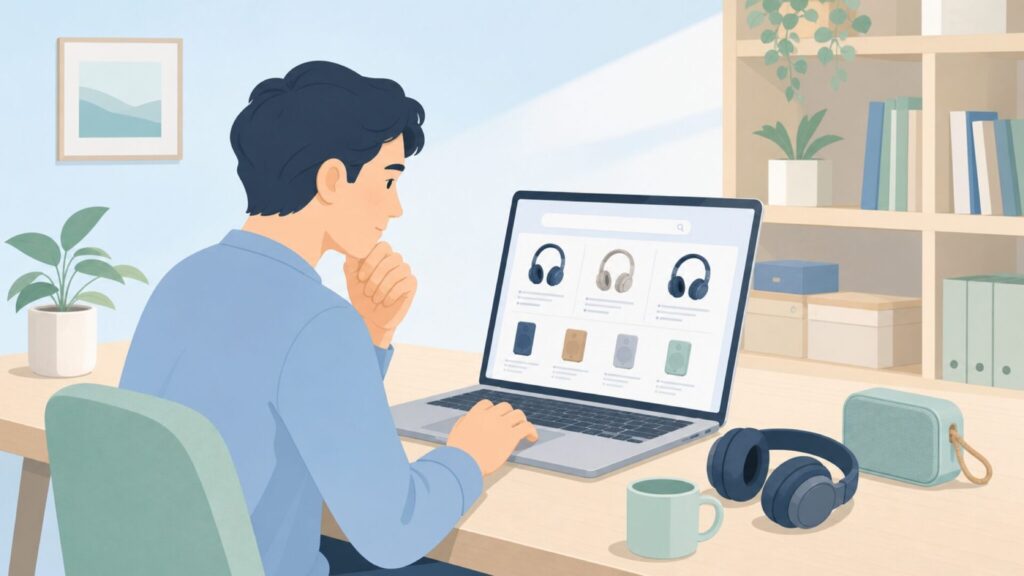 Turcom Audioブランドの出身国と信頼性を調べる男性のイラスト
