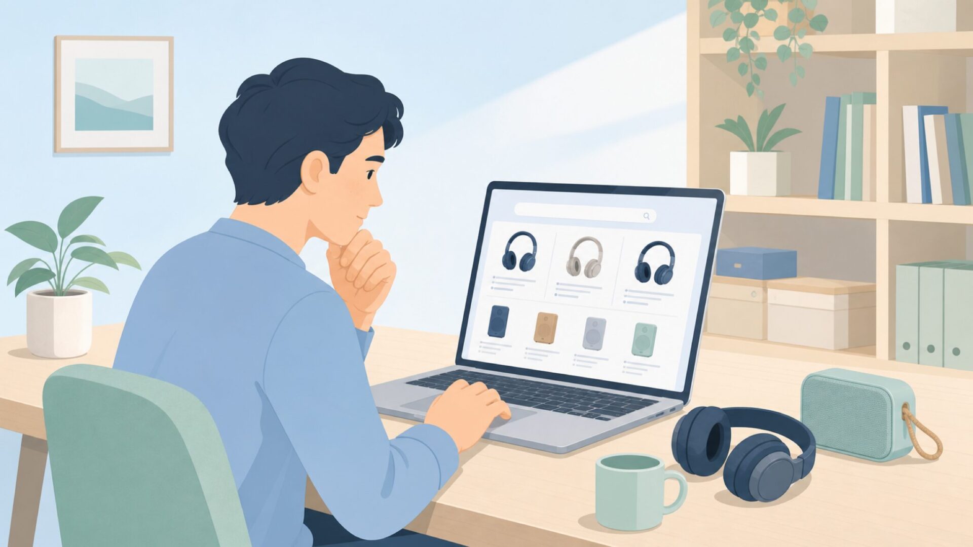 Turcom Audioブランドの出身国と信頼性を調べる男性のイラスト