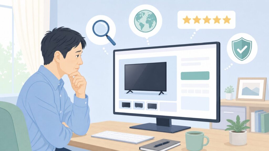 VEZZERテレビの国籍や評判を調べる人のイラスト