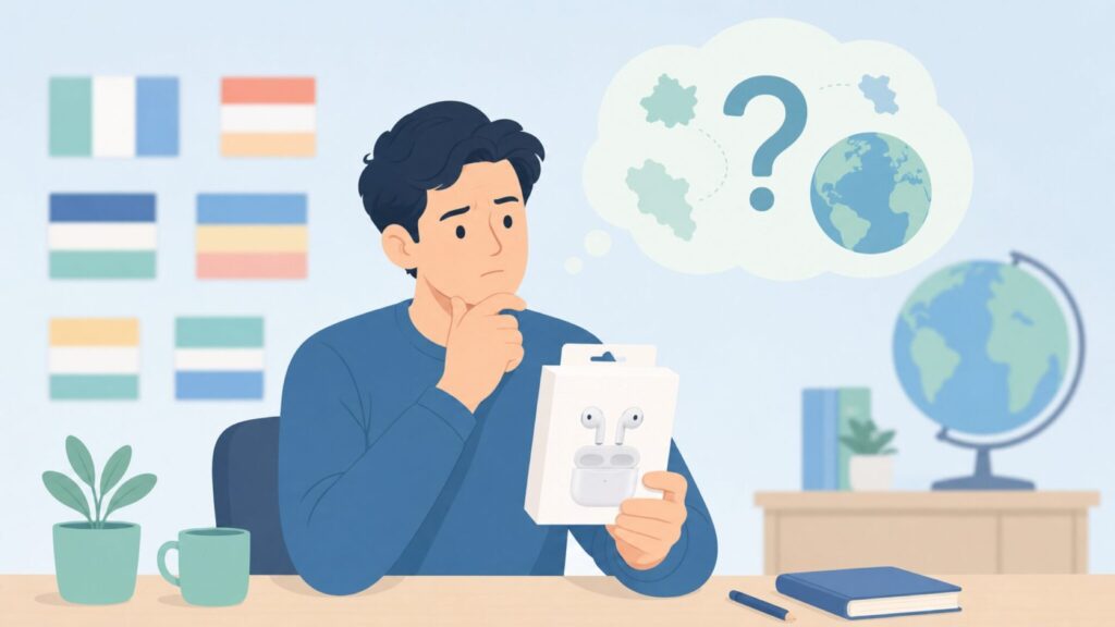 UGREENブランドの出所を調べる30代男性のイラスト
