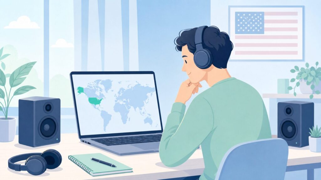 VisionTek Audioのブランド出自とアメリカ発の信頼性を象徴するデスク環境イラスト