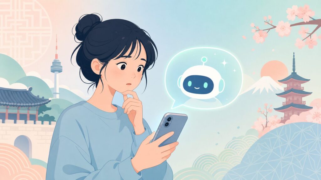 Zetaアプリの安全性と運営元の国を調べる若い女性のイラスト