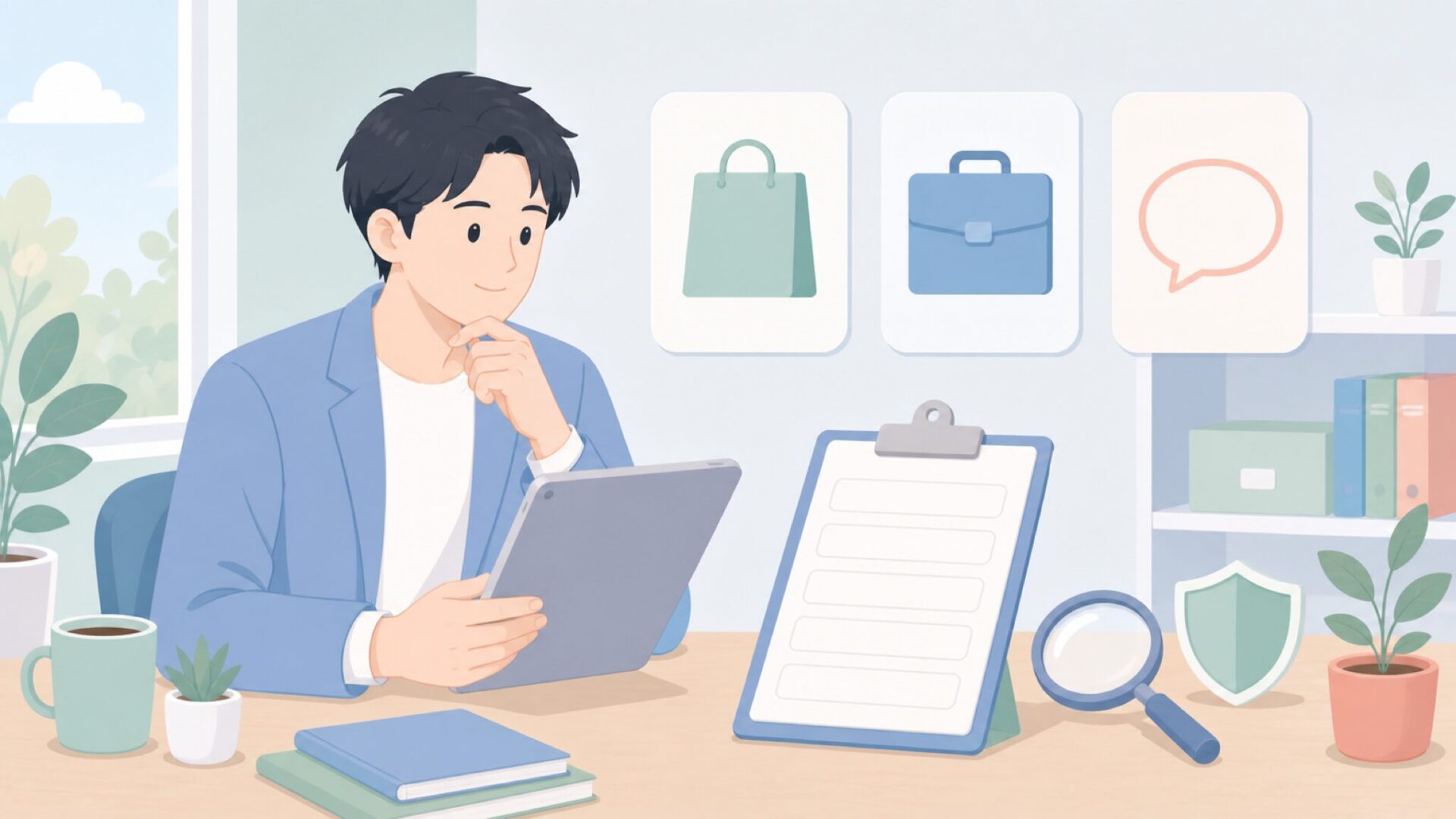 行動前の確認項目を整理する人物のイラスト