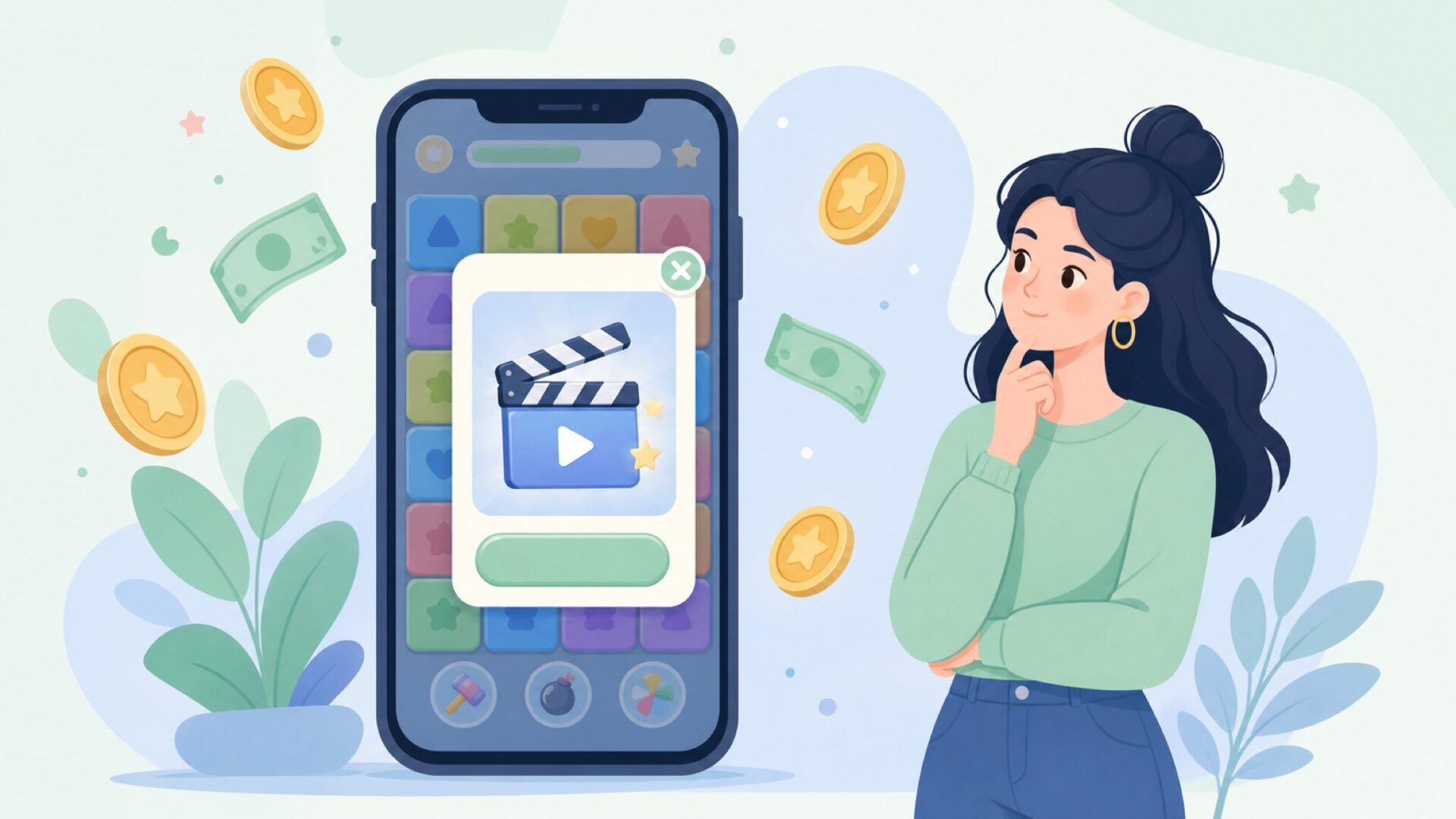 広告ポップアップが表示されたスマートフォンとコインのイラスト