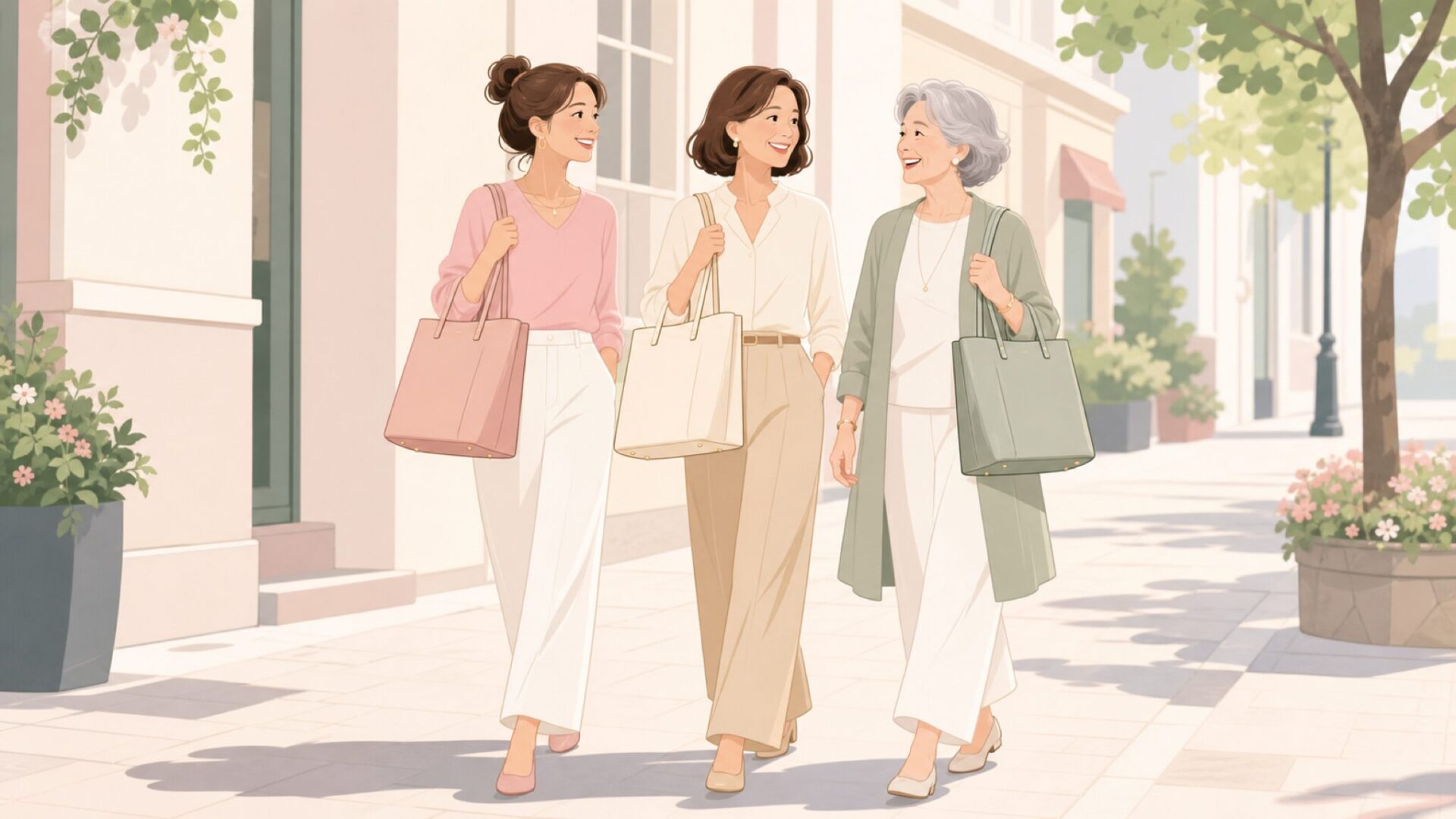 20代・40代・60代の女性が同じバッグを持つイラスト