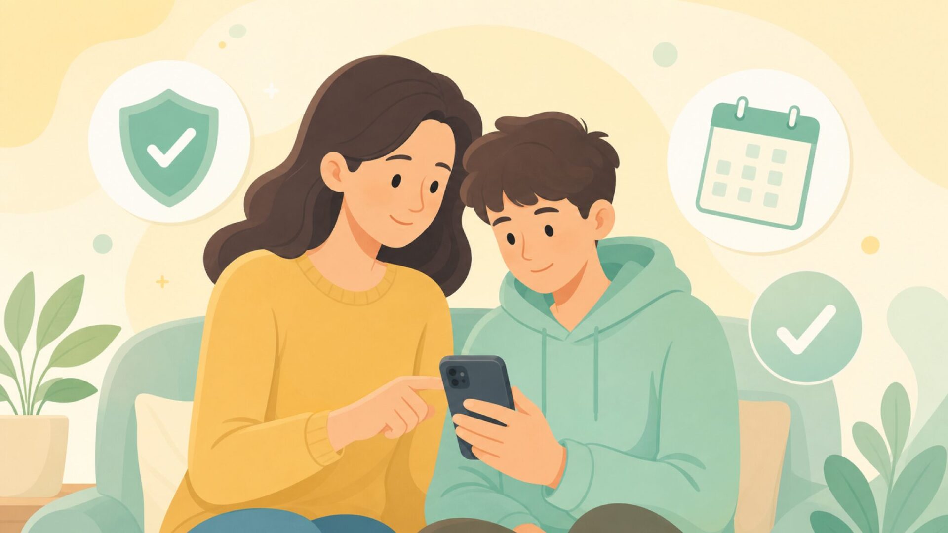 親子でスマートフォンを確認する保護者向けイラスト