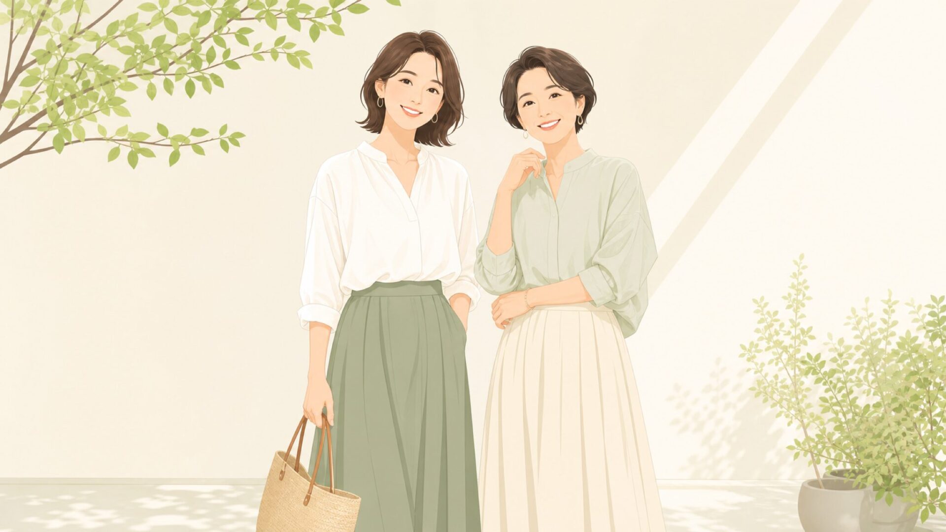 ナチュラルコーデを着こなす30〜40代女性のフラットイラスト