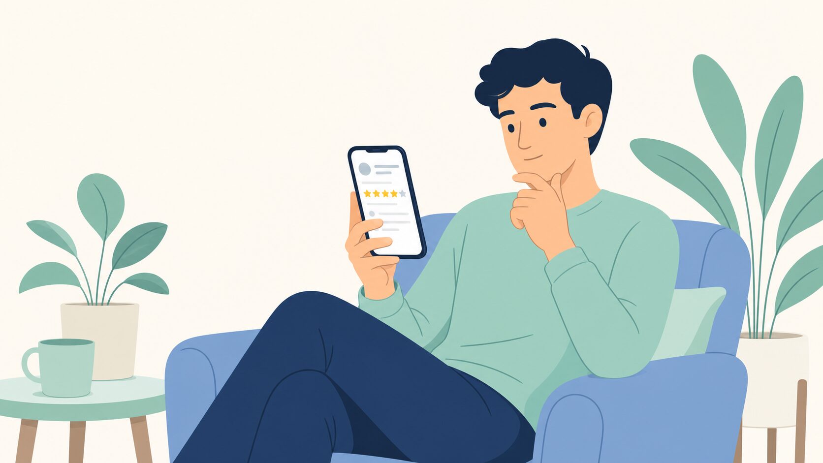 AmazonレビューからDOSSの評判を調べる人のイラスト