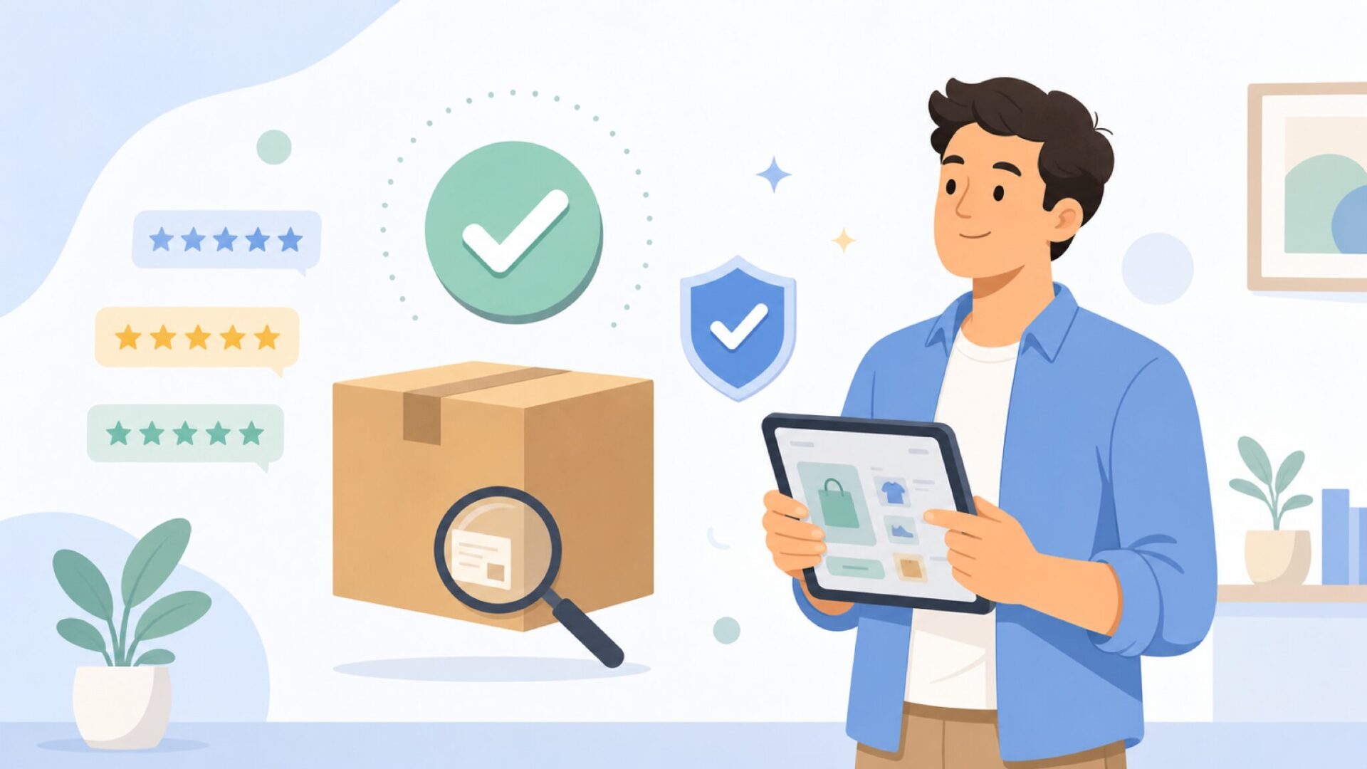 Amazon商品の信頼性チェックを表す配送箱と検証アイコンのイラスト