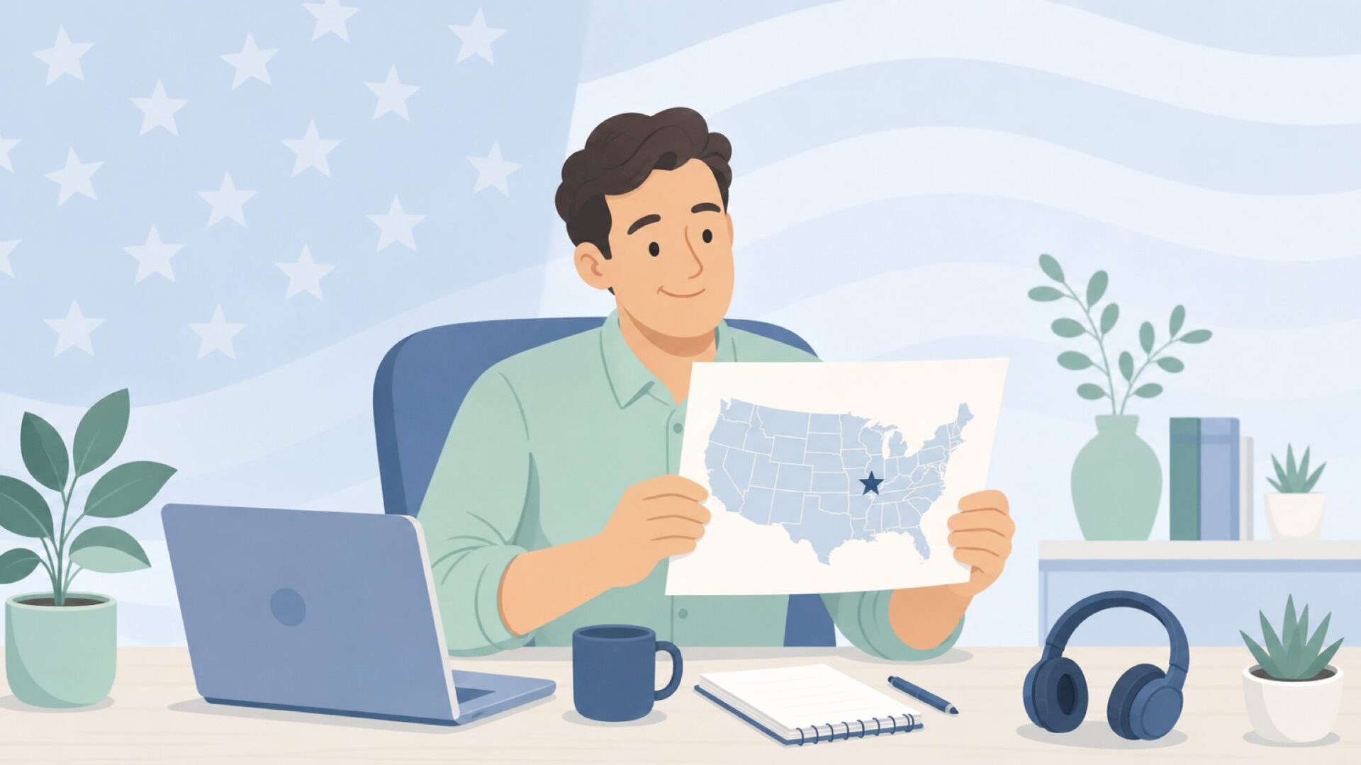 アメリカ発のオーディオブランドを確認する男性のイラスト