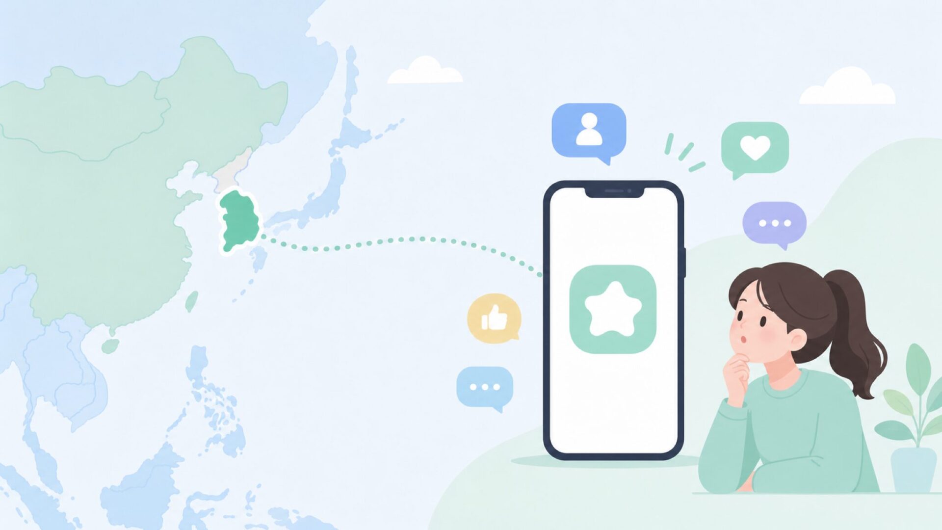 韓国を示す地図とスマートフォンが繋がるフラットイラスト