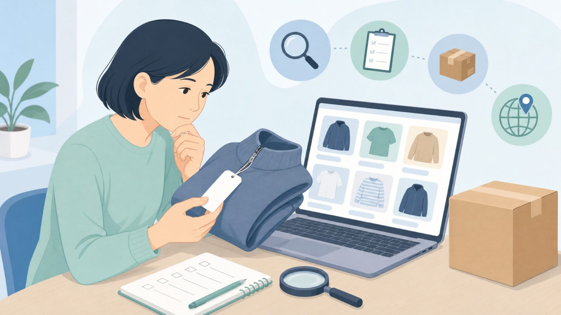 アパレルブランドのタグを確認するイラスト