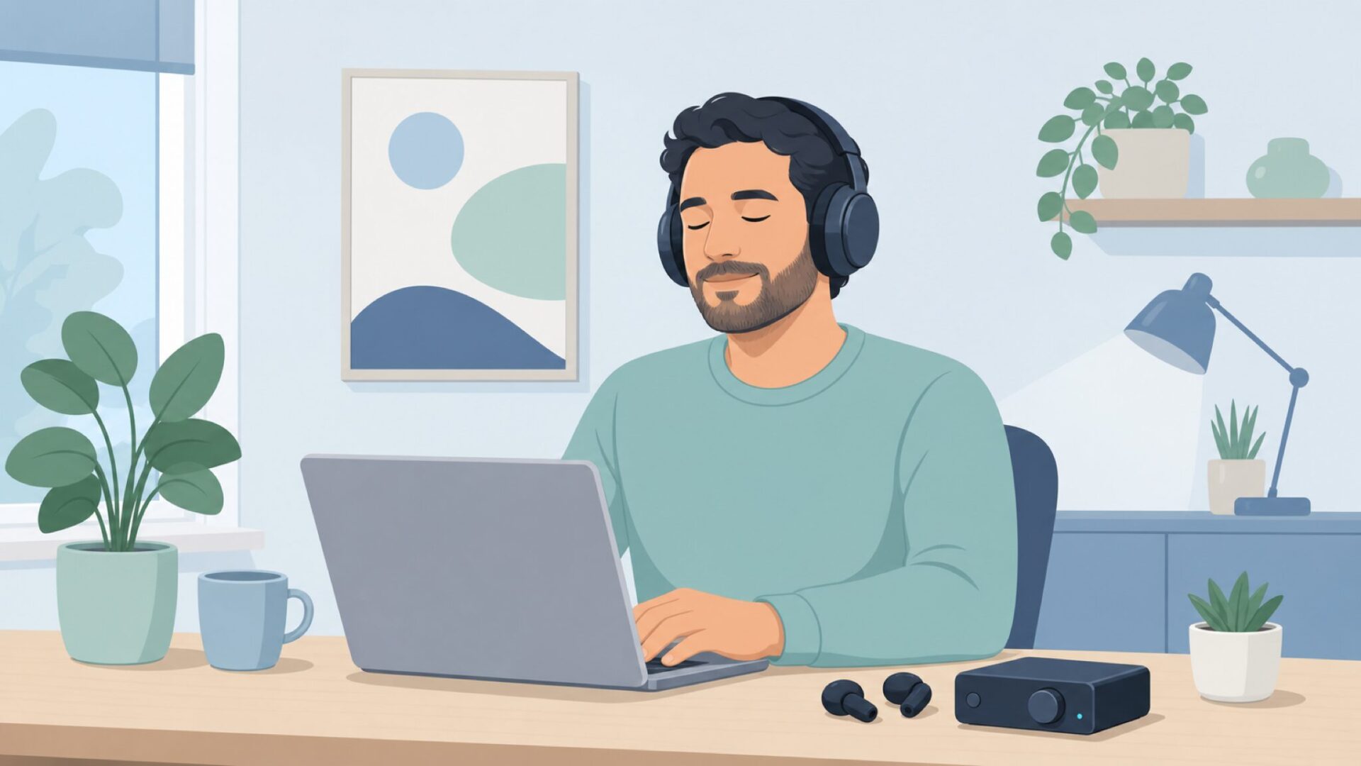 ヘッドホンを装着して音楽を楽しむ男性のイラスト
