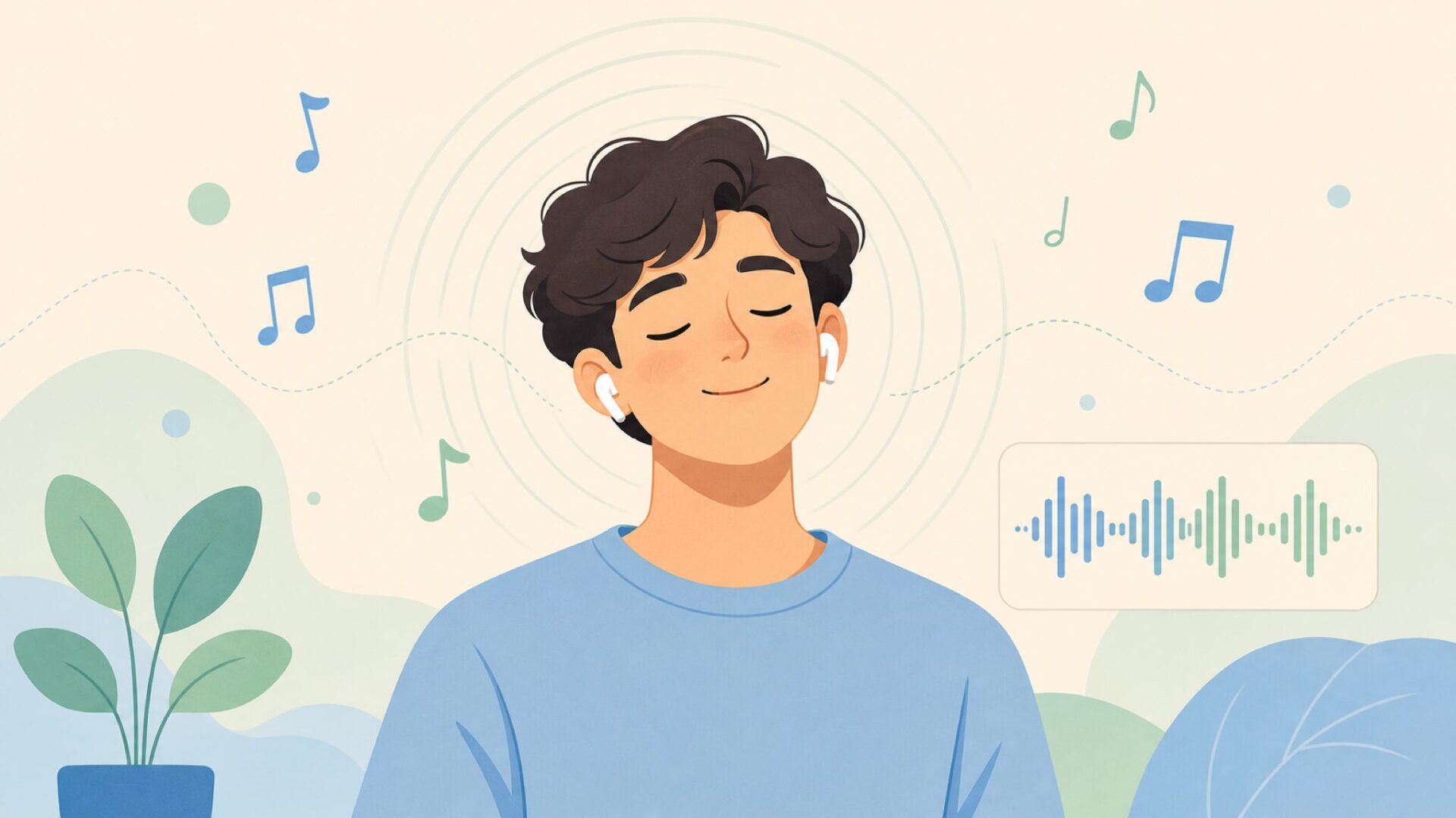 イヤホンを装着した人物の周りに音楽ノートと音波が広がるイラスト