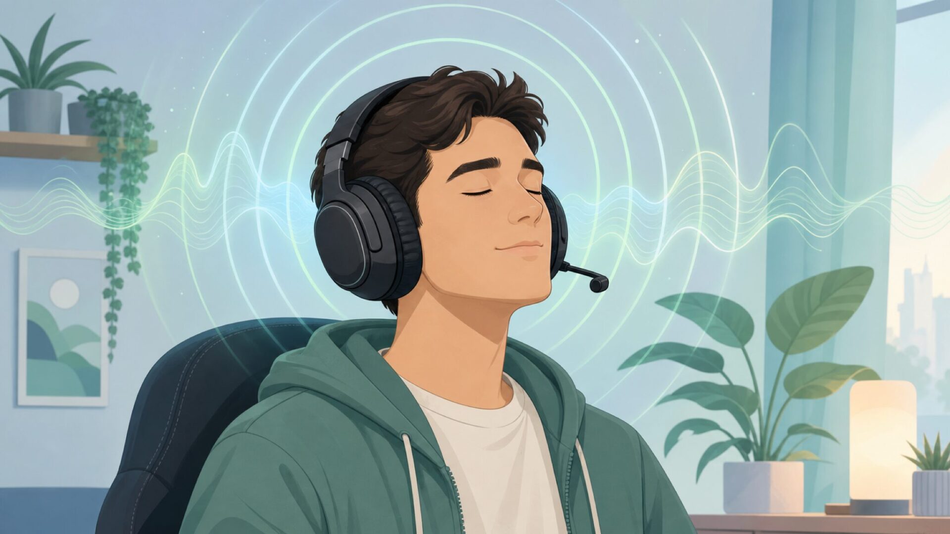 ヘッドセットを着用し音質を楽しむ男性のイラスト