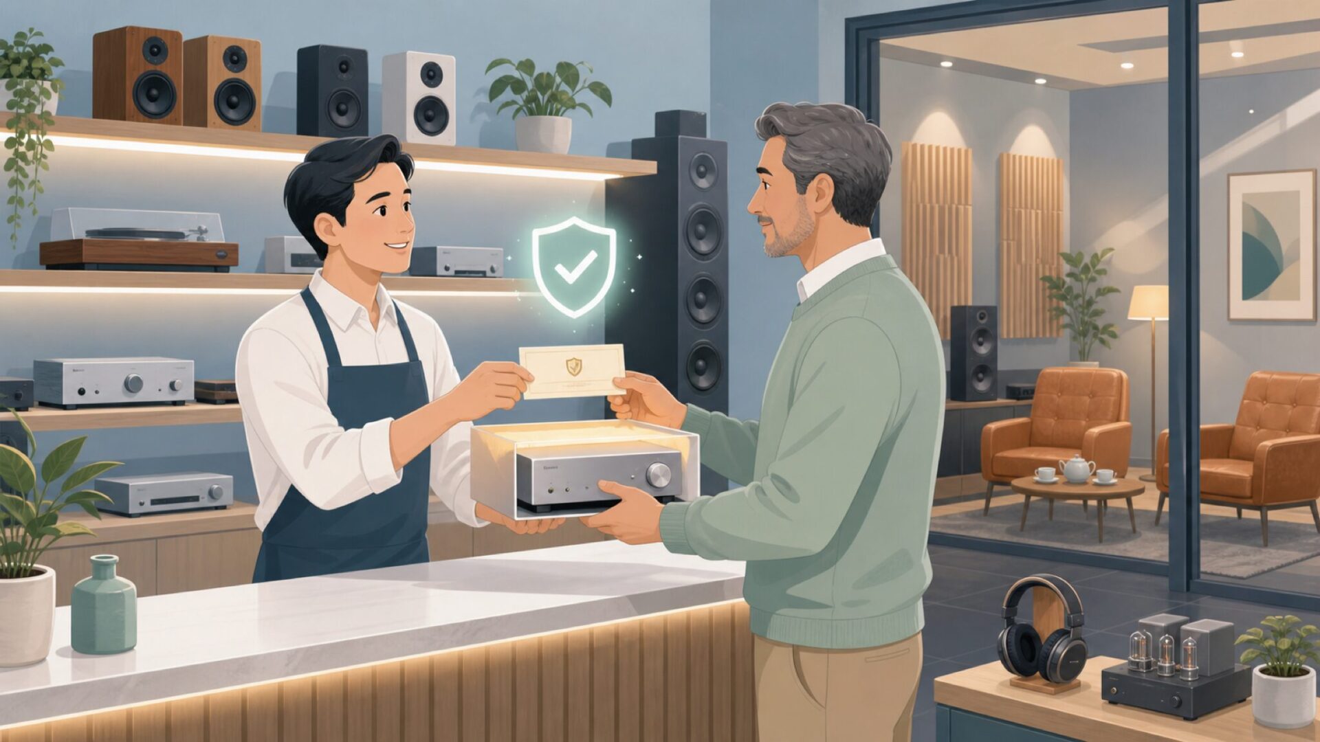 正規取扱店で保証書を受け取り安心して購入する場面のイラスト