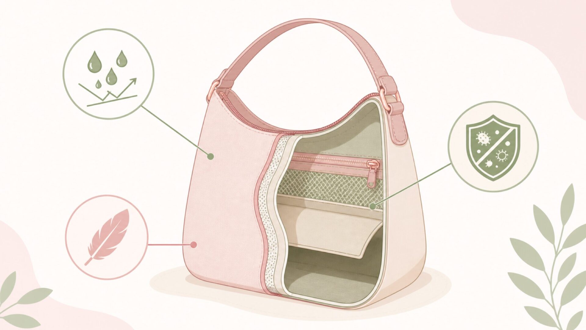 軽さ・撥水・抗菌防臭の機能を示すバッグのイラスト