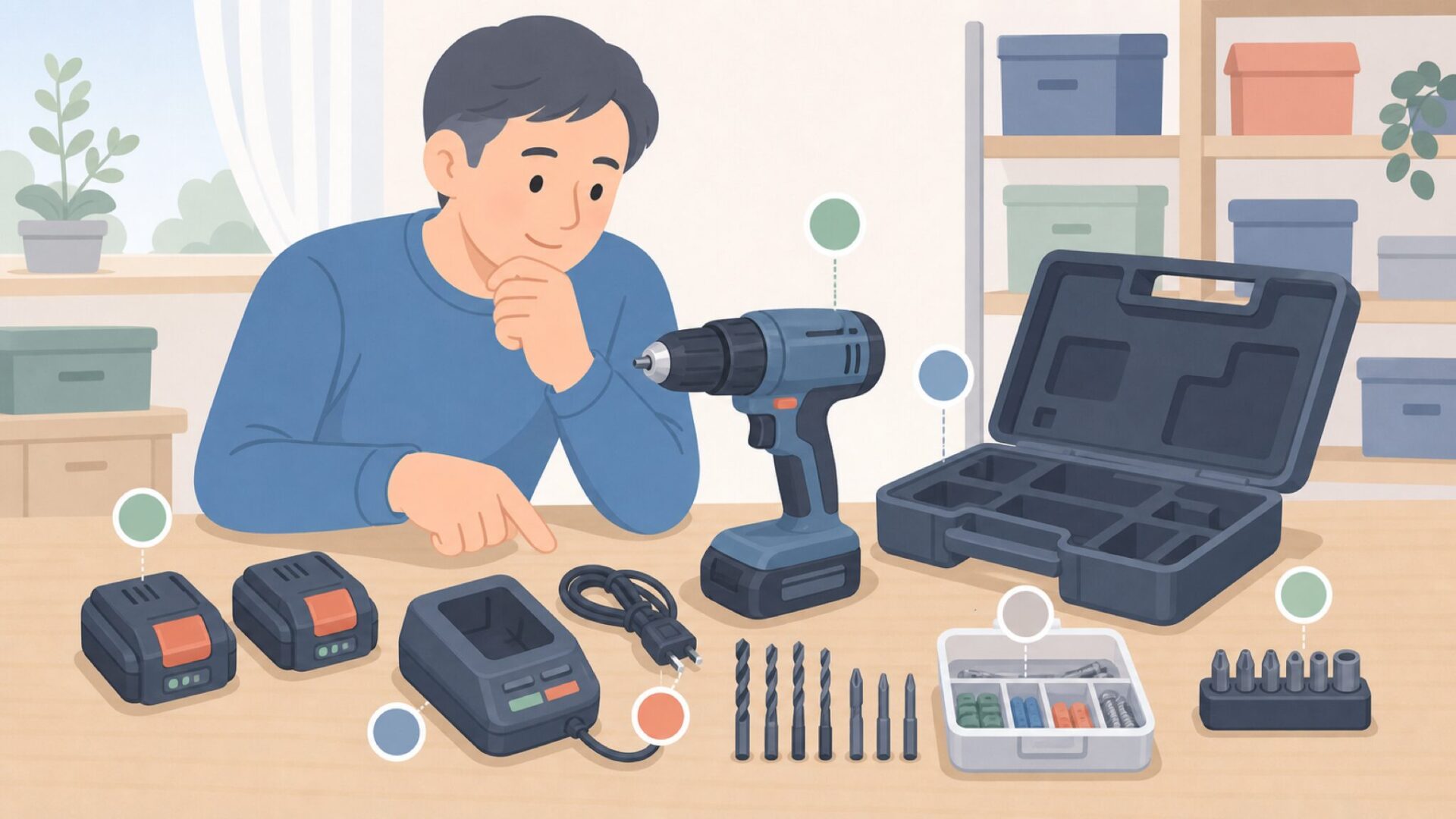 工具のバッテリーと付属品を確認する様子