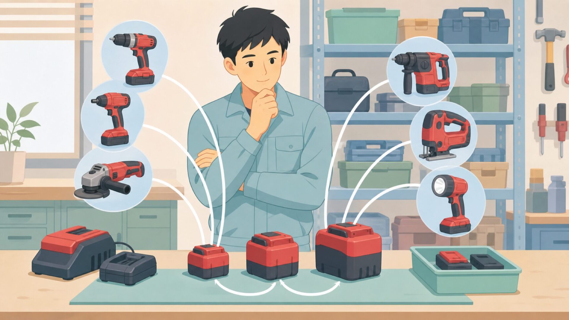 複数のバッテリー規格を選ぶ作業者