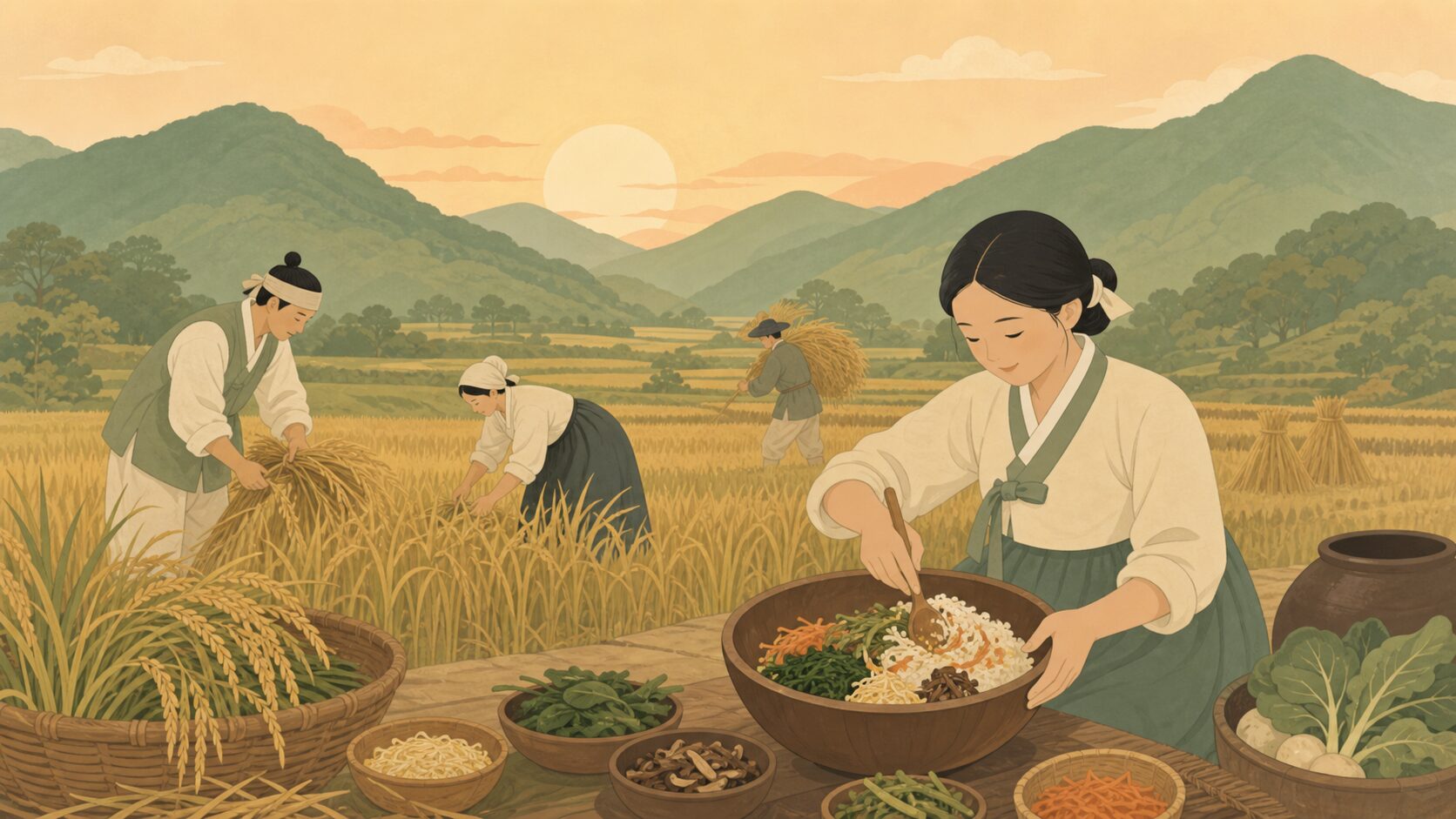 朝鮮時代の農村でビビンバを作る歴史的情景のイラスト