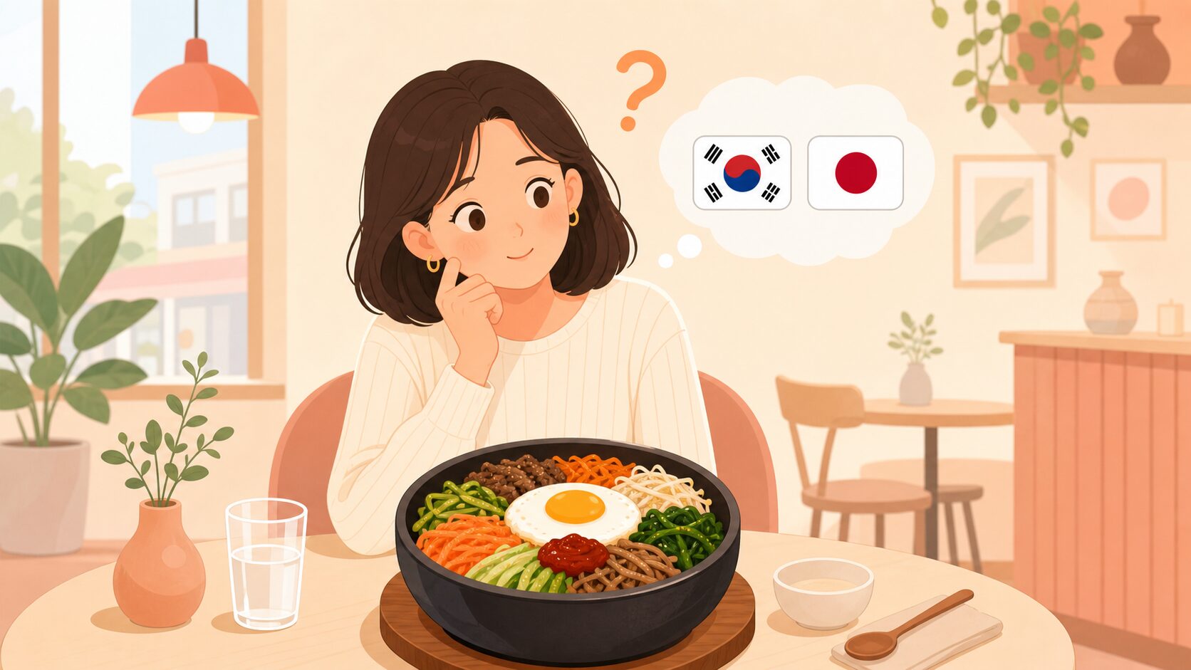 ビビンバを前にどこの国か考える女性のイラスト