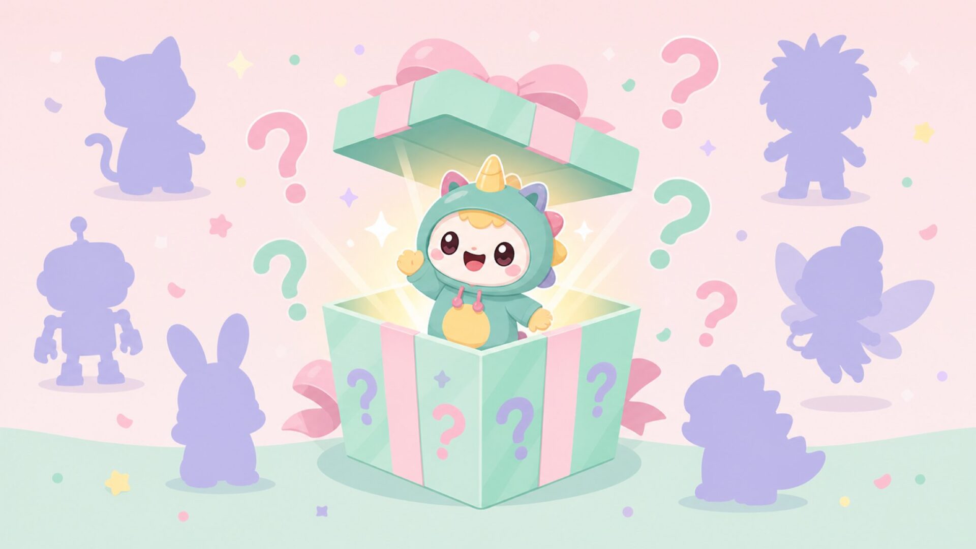 ブラインドボックスを開封するとフィギュアが登場するイラスト