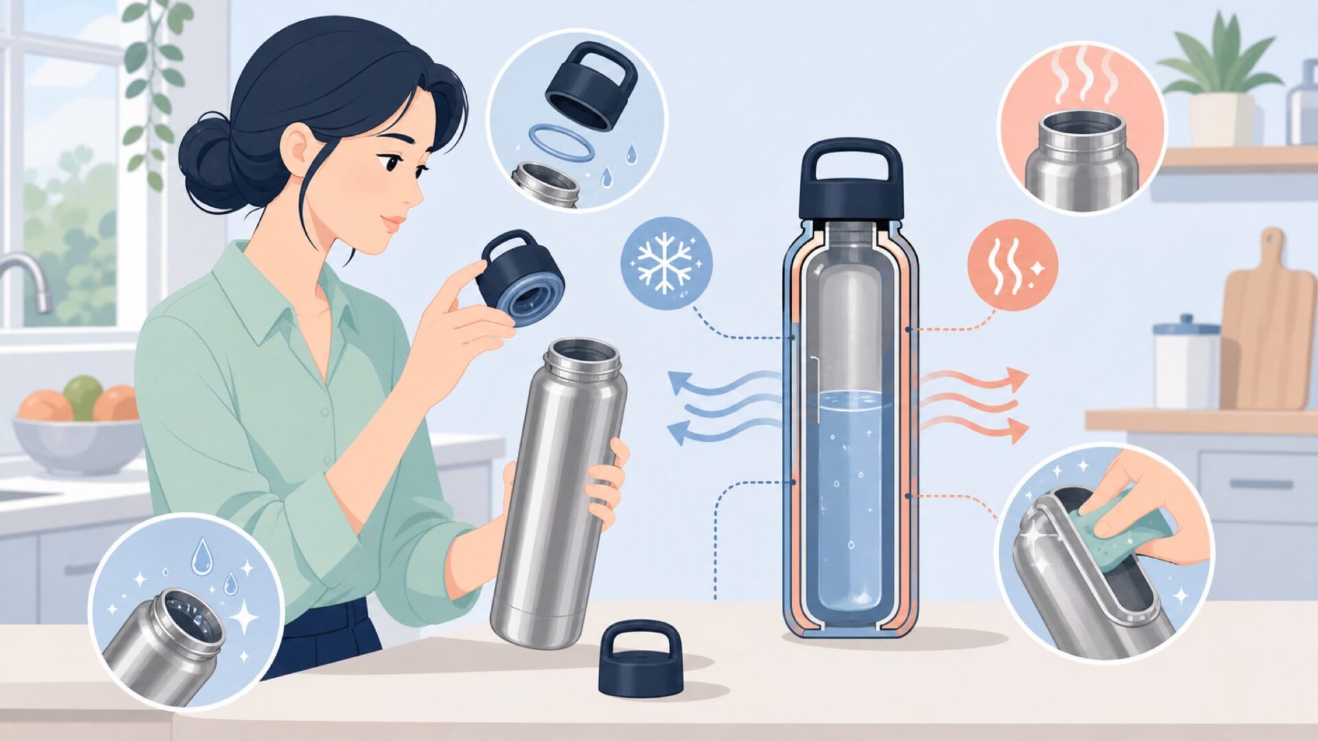水筒の素材と保温性能を確認するイラスト