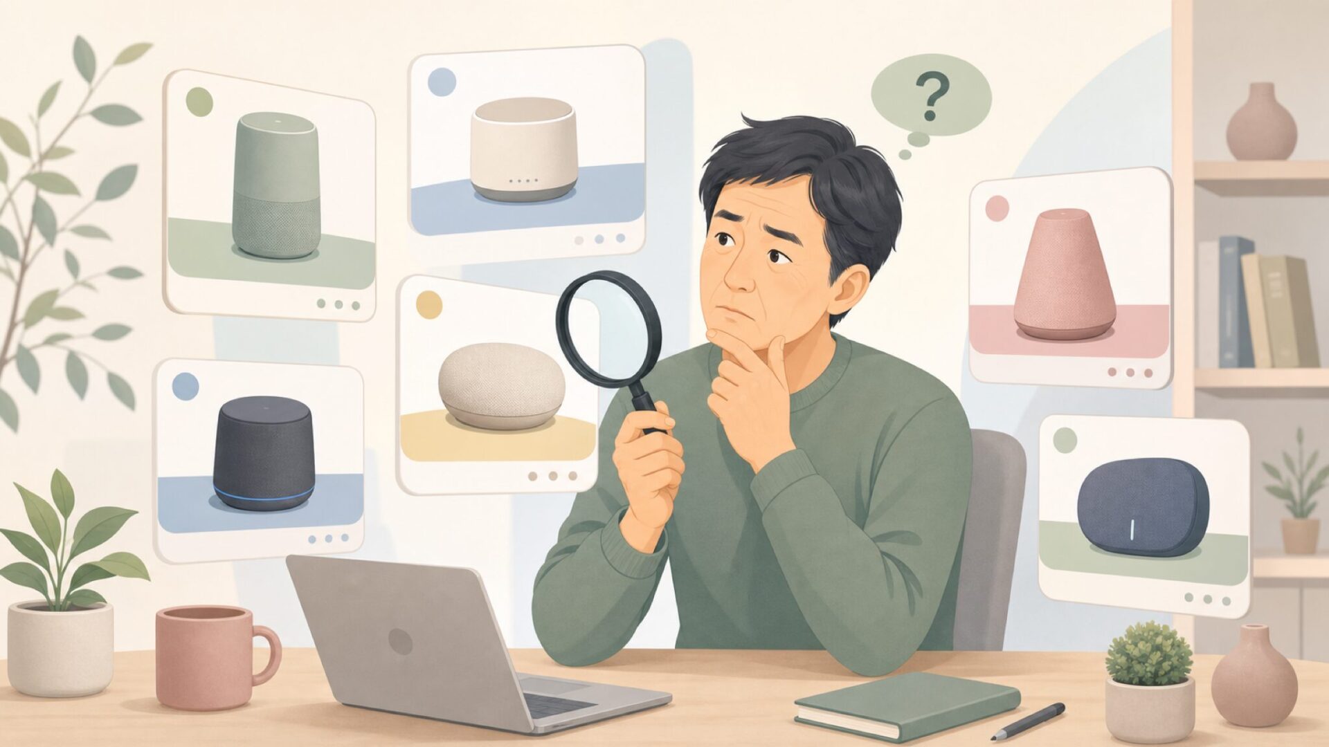複数のブランド情報を虫めがねで見比べて確認する男性のイメージ